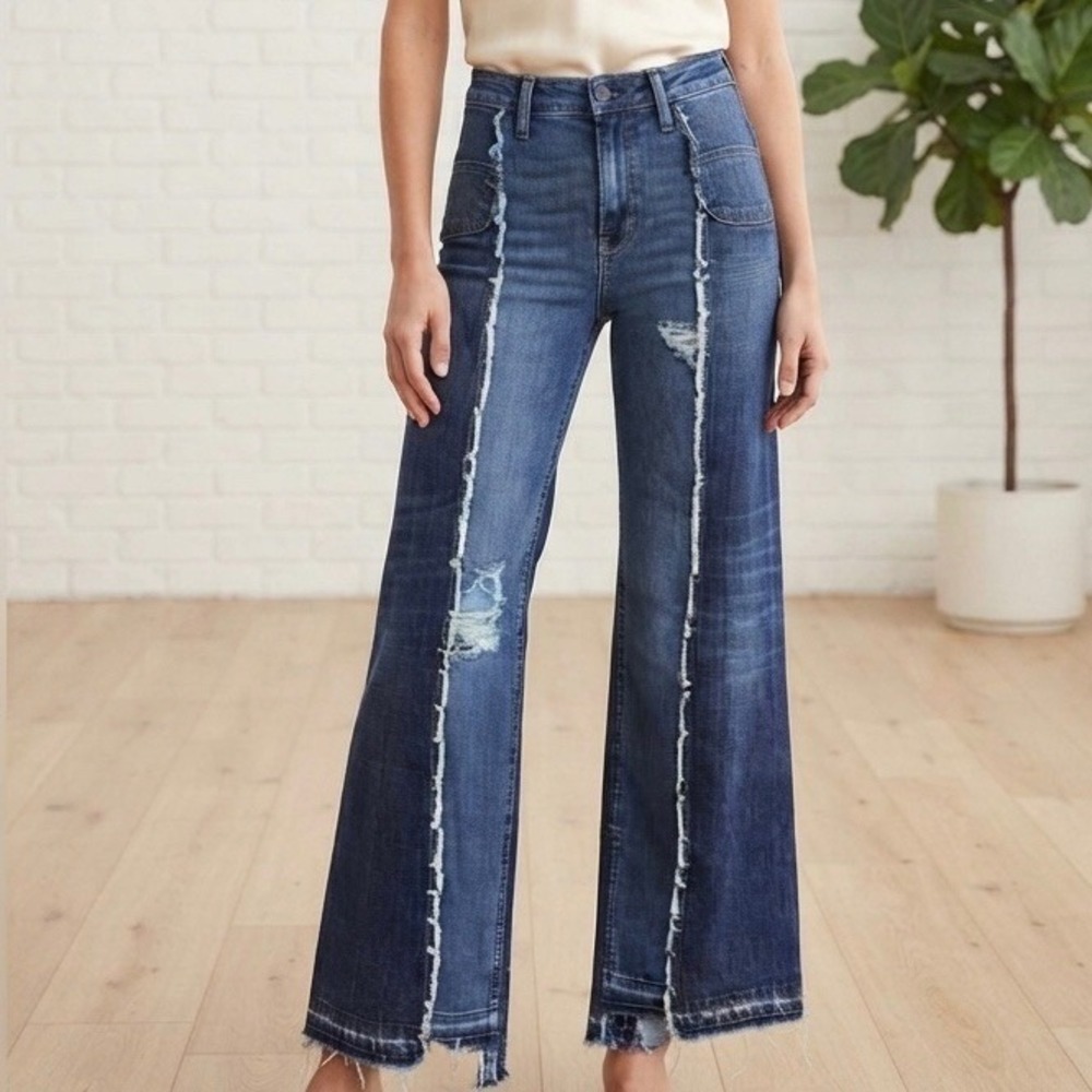 Hollister Custom Reconstructed Patchwork Wide Leg Jeans Blue one of a kind. Boho